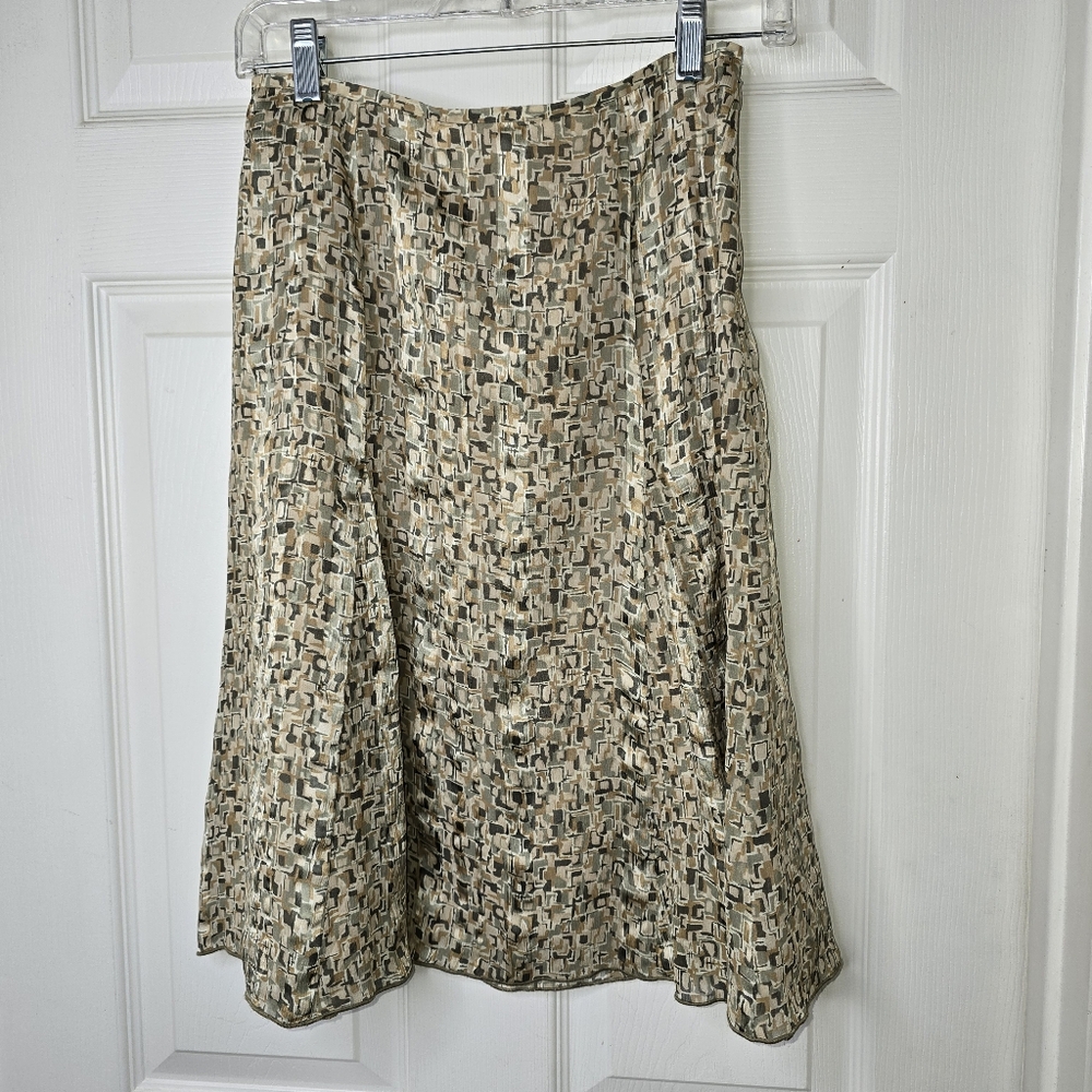 Talbots Petite silk olive, sage, gold print A-line side zip womens skirt 2petite